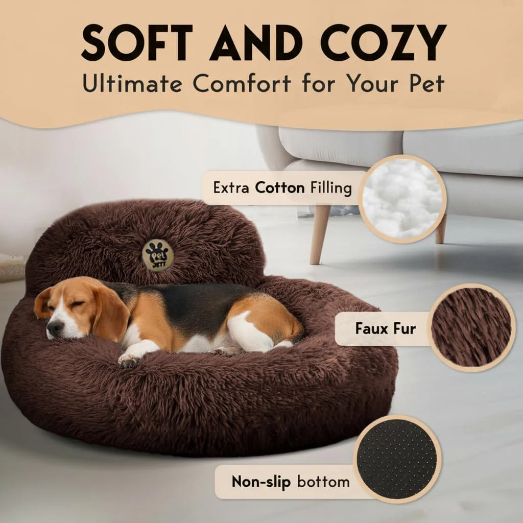 Calming Dog Bed Medium Size Dog - Donut Bed, Anti-Slip & Washable Super Soft Fluffy Plush - Brown