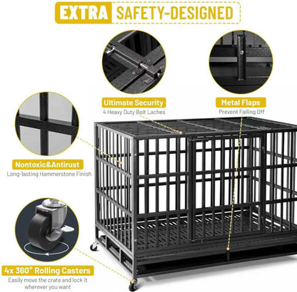 Escape-Proof Heavy Duty 48" Dog Crate, Indestructible Steel Kennel for Large & High-Anxiety Dogs