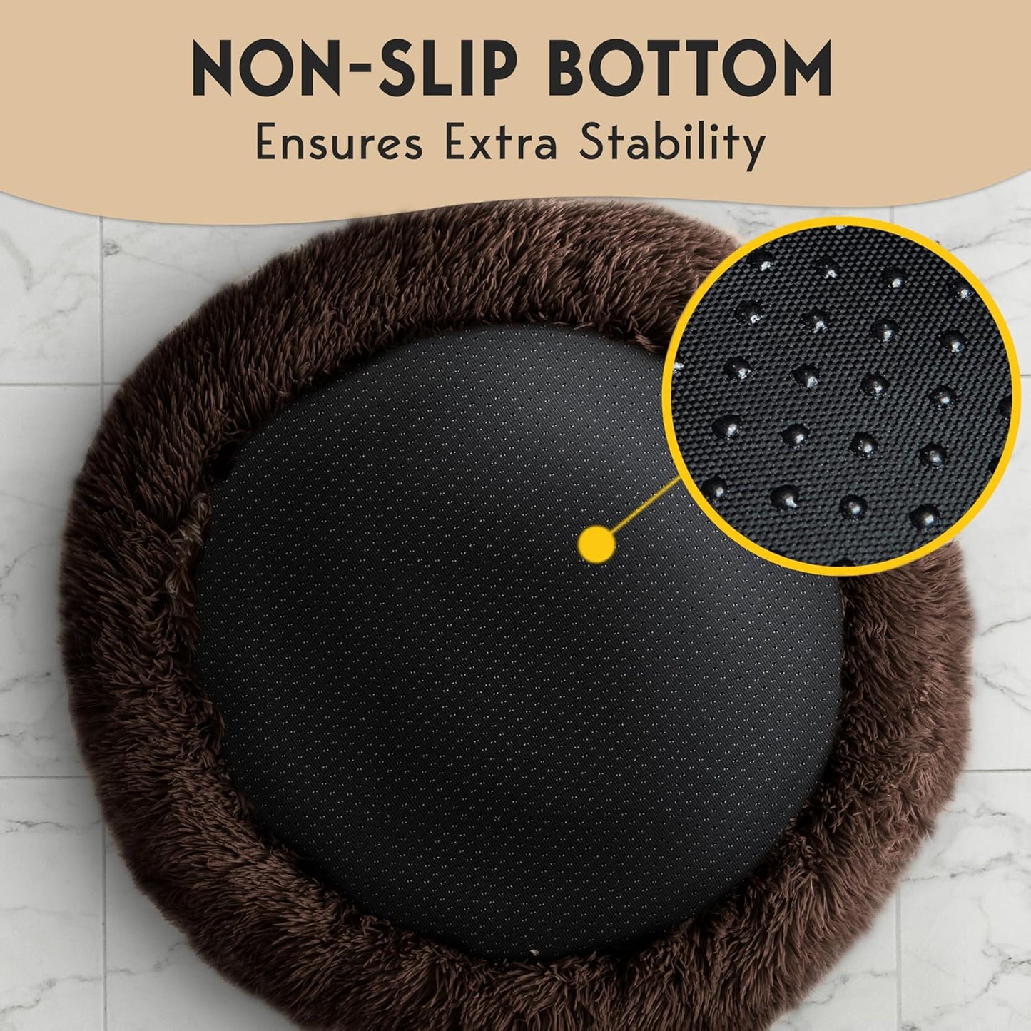 Calming Dog Bed Medium Size Dog - Donut Bed, Anti-Slip & Washable Super Soft Fluffy Plush - Brown
