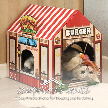 Cardboard Burger Shop Cat House with Scratcher/Catnip