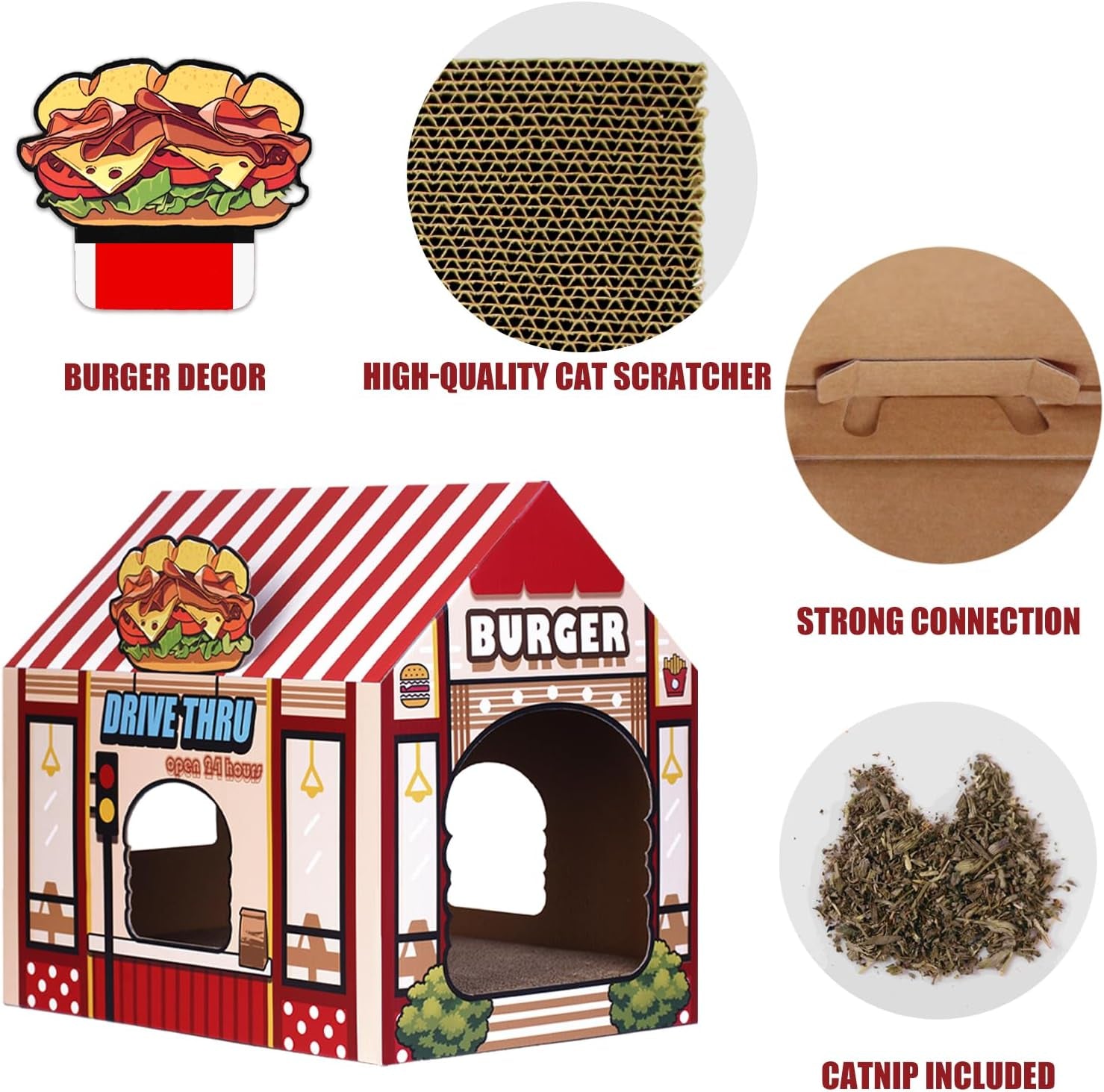 Cardboard Burger Shop Cat House with Scratcher/Catnip