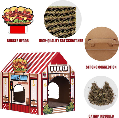 Cardboard Burger Shop Cat House with Scratcher/Catnip