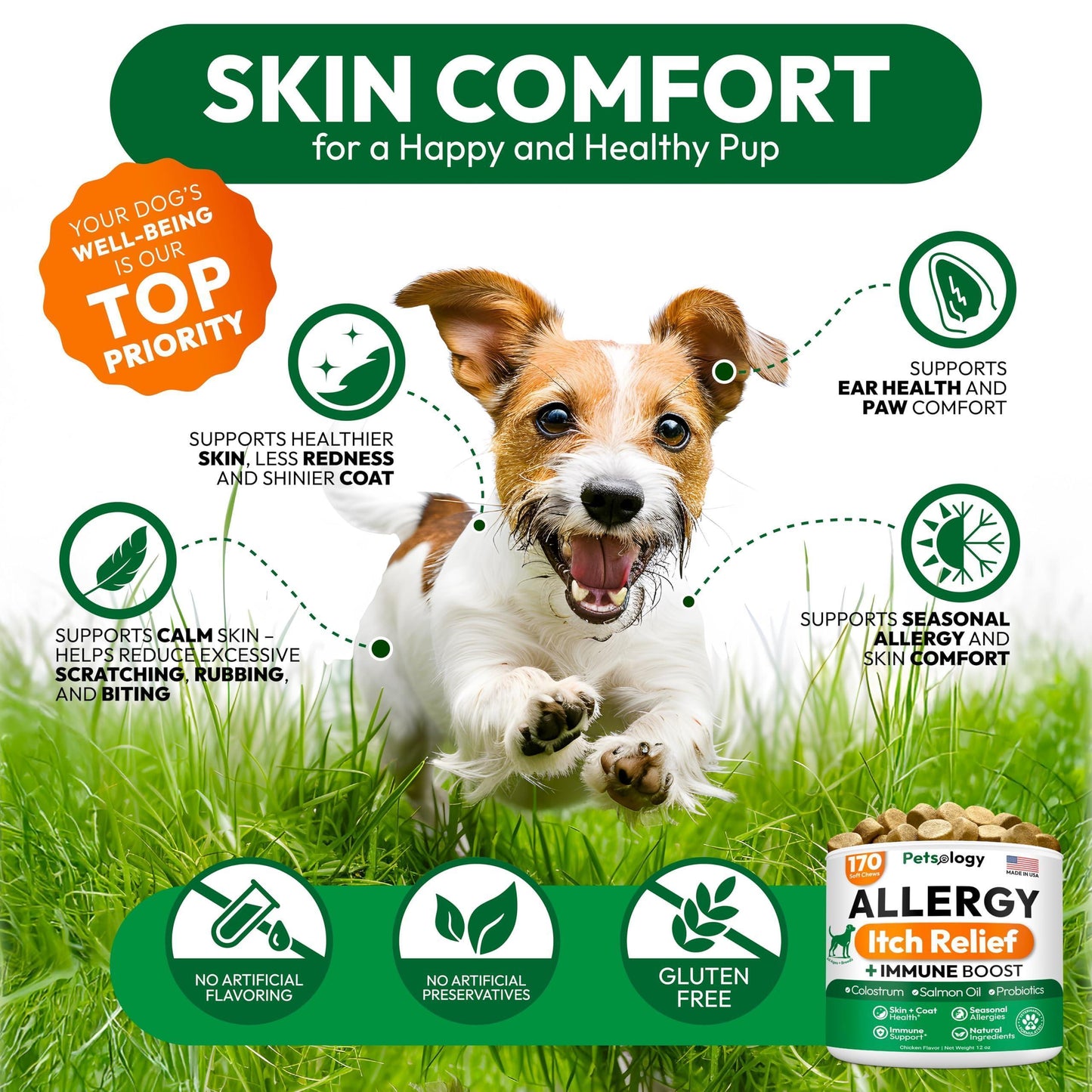 Dog Allergy Relief Chews 170 Treats Itch Relief for Dogs Omega 3 Fish Oil
