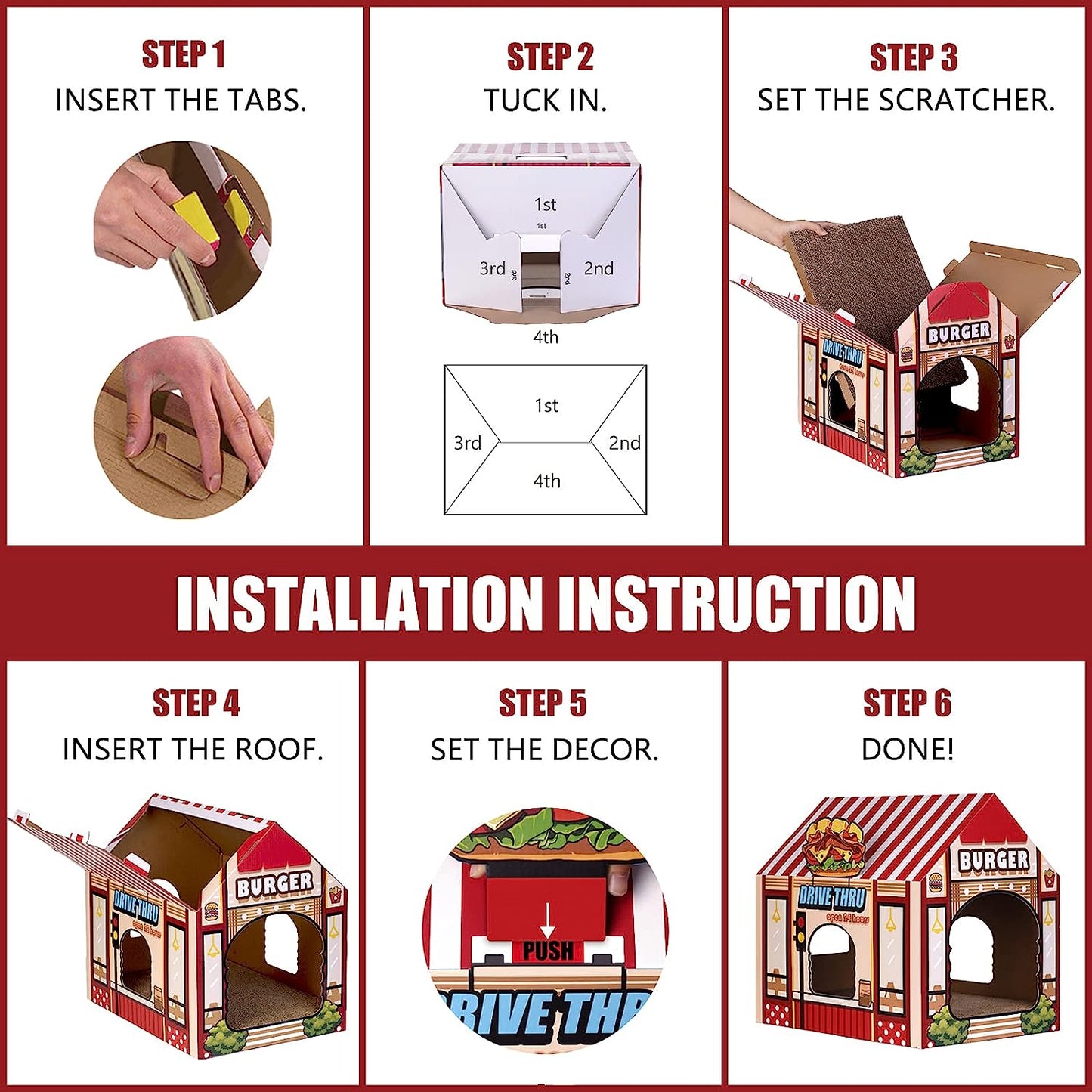 Cardboard Burger Shop Cat House with Scratcher/Catnip