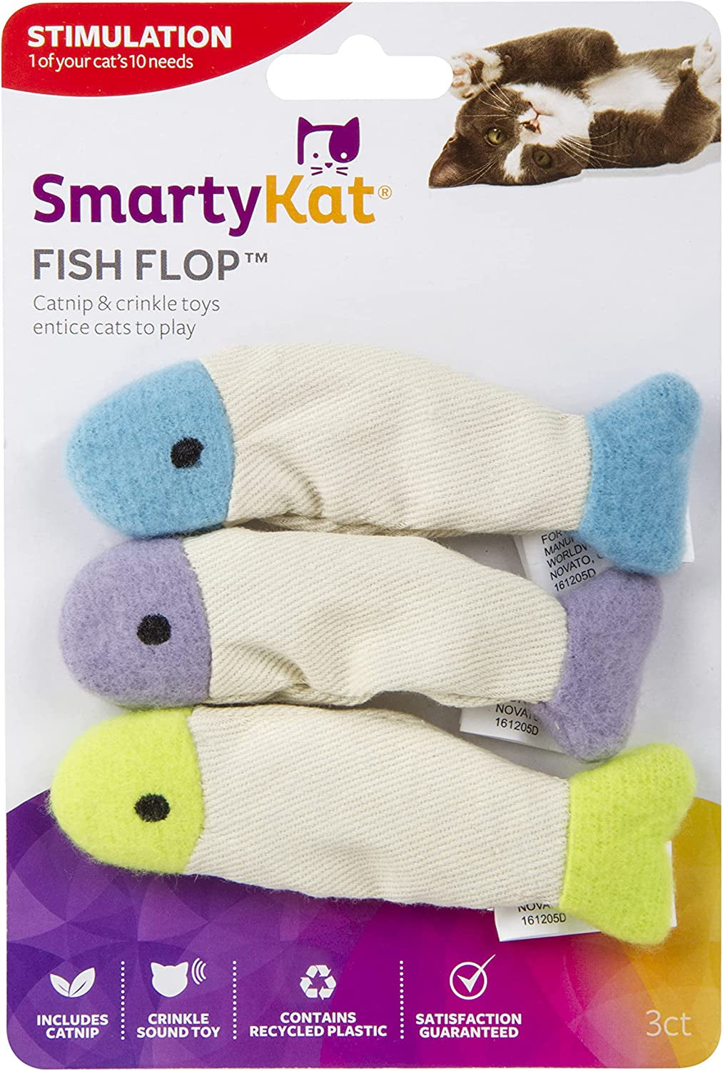 (3 Count) Fish Flop Crinkle Catnip Cat Toys - Multi Color