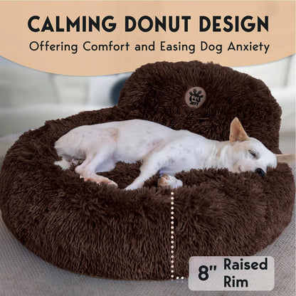 Calming Dog Bed Medium Size Dog - Donut Bed, Anti-Slip & Washable Super Soft Fluffy Plush - Brown
