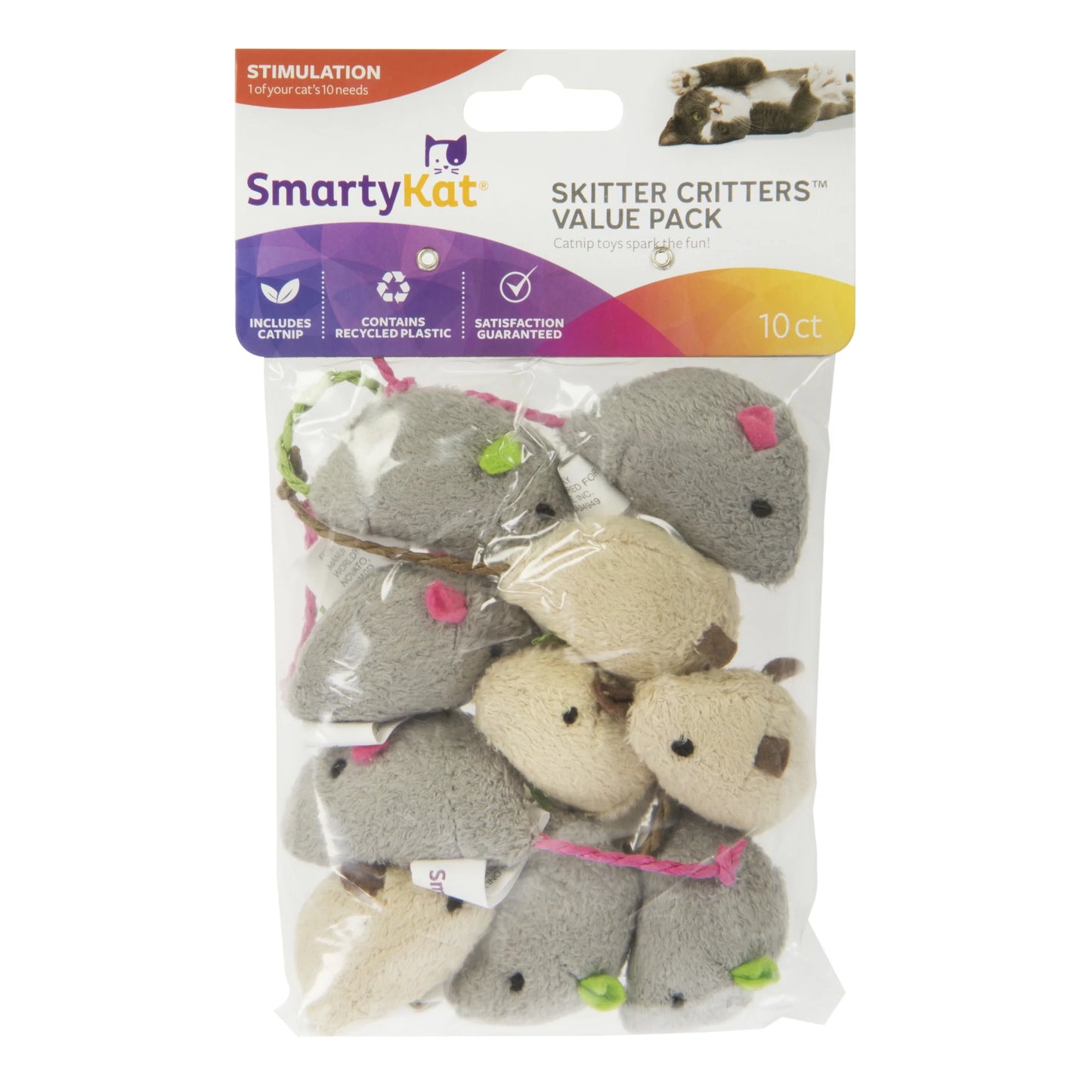 Skitter Critters Value Pack, Soft Plush Catnip Filled Mice Cat Toys - 10 Count