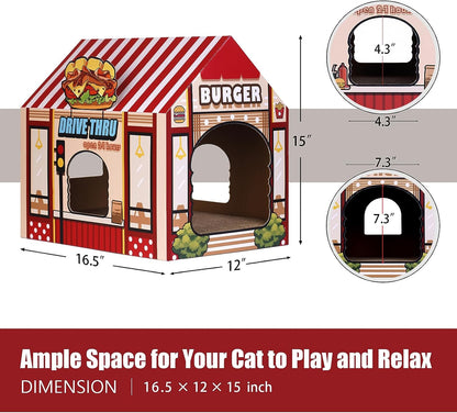 Cardboard Burger Shop Cat House with Scratcher/Catnip