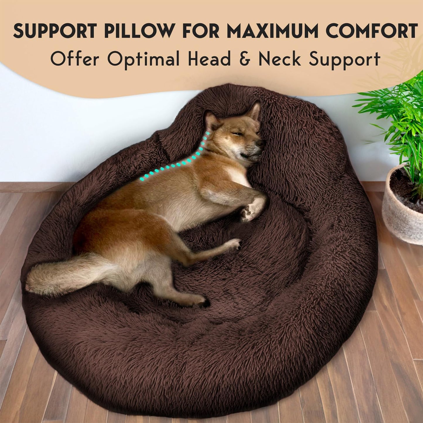 Calming Dog Bed Medium Size Dog - Donut Bed, Anti-Slip & Washable Super Soft Fluffy Plush - Brown
