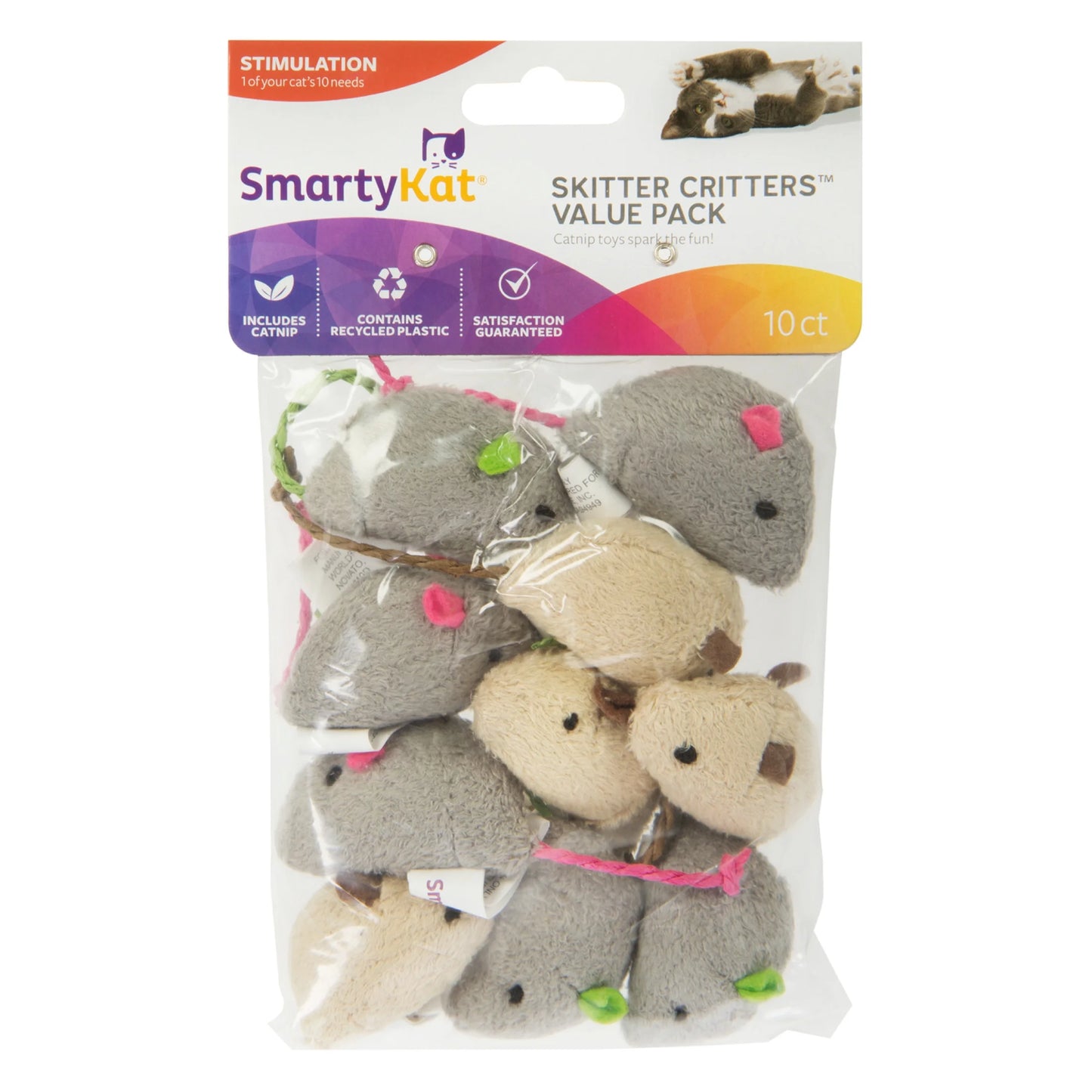 Skitter Critters Value Pack, Soft Plush Catnip Filled Mice Cat Toys - 10 Count