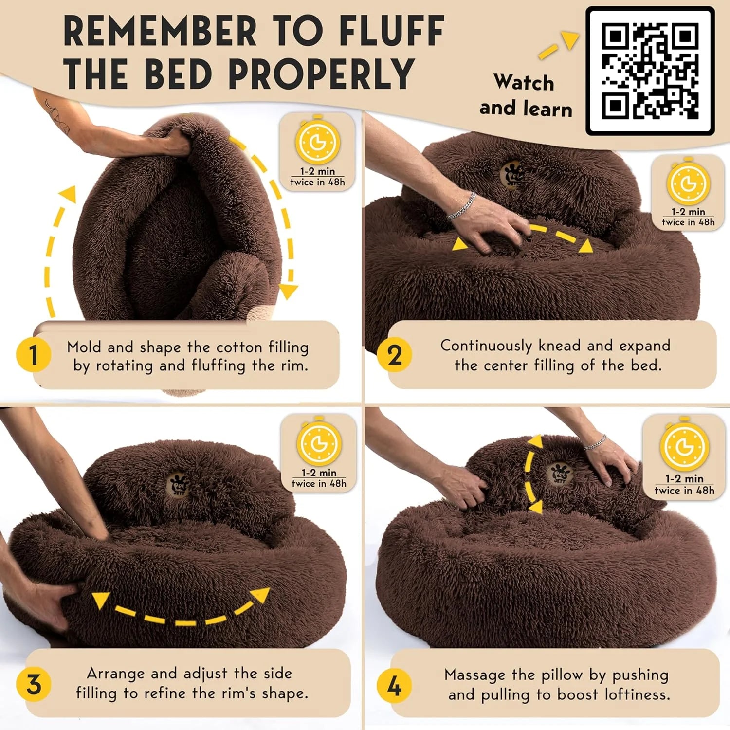 Calming Dog Bed Medium Size Dog - Donut Bed, Anti-Slip & Washable Super Soft Fluffy Plush - Brown