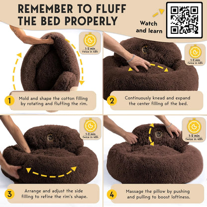 Calming Dog Bed Medium Size Dog - Donut Bed, Anti-Slip & Washable Super Soft Fluffy Plush - Brown
