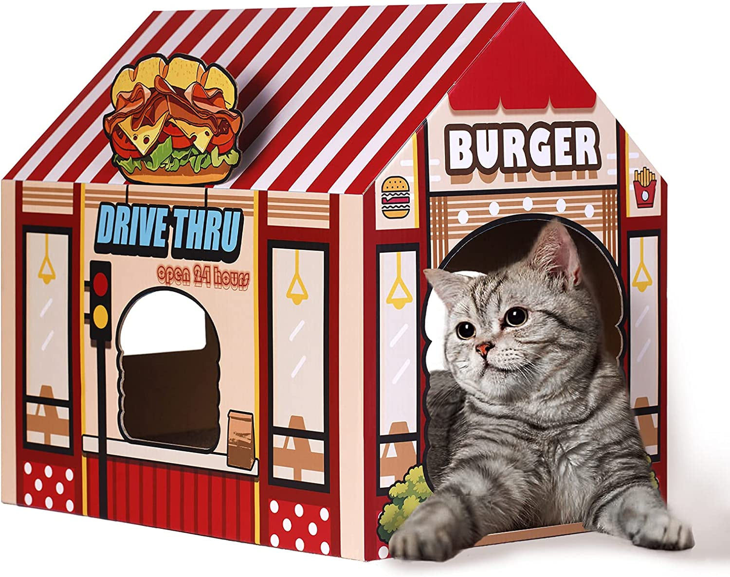 Cardboard Burger Shop Cat House with Scratcher/Catnip